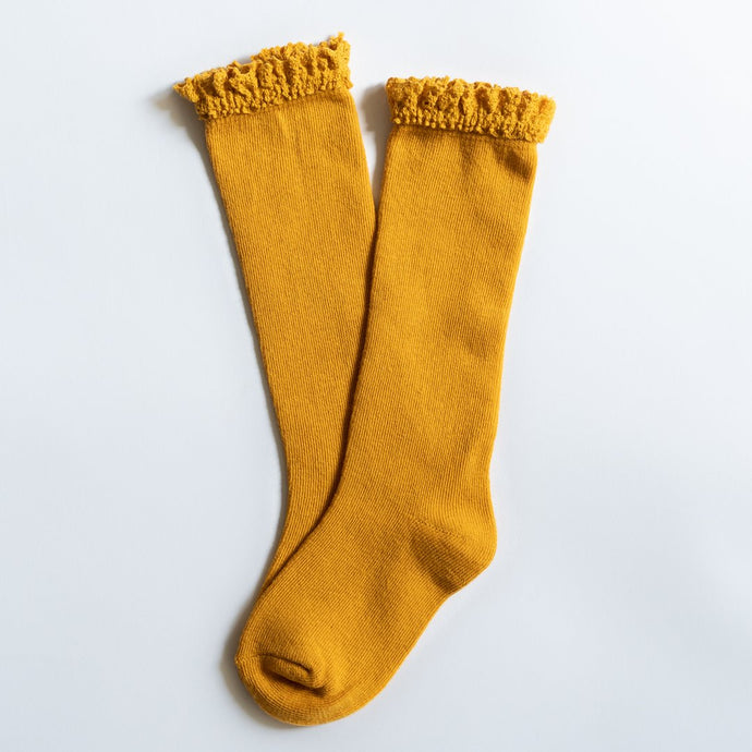 MARIGOLD YELLOW LACE TOP KNEE HIGHS - LITTLE STOCKING CO